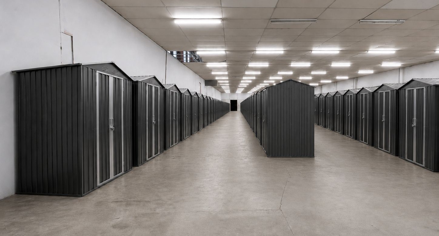 Interior de las instalaciones de BoxIt - pasillo con boxes negros en Godoy Cruz, Mendoza